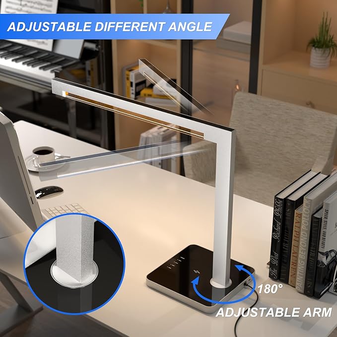 Aluminum LED Desk Lamp with Charging Station, 15W Smart Table Lamp with Type-C Ports & 4 Color Temperature Modes(3000K-6000K), Dimmable Reading Light for Home Office,Bedroom (Includes Adapter)