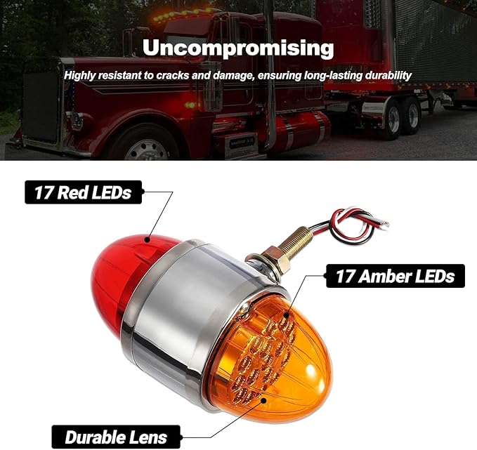 Dual Face Watermelon Turn Signal Lights for Semi Truck Amber Red DOT Approved Revolution 34 LEDs Chrome Auxiliary for Freightliner Peterbilt Kenworth Mack Western Star