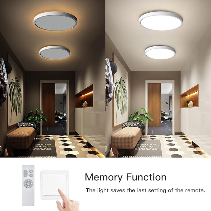 Roomratv Flush Mount Ceiling Light Fixture 2 Pack with Remote Control, Nightlight Warm 3000K, 12inch 28W Round Modern Ceiling Light, 3 Light Color Changeables, Brightness(10% to 100%) Adjustable