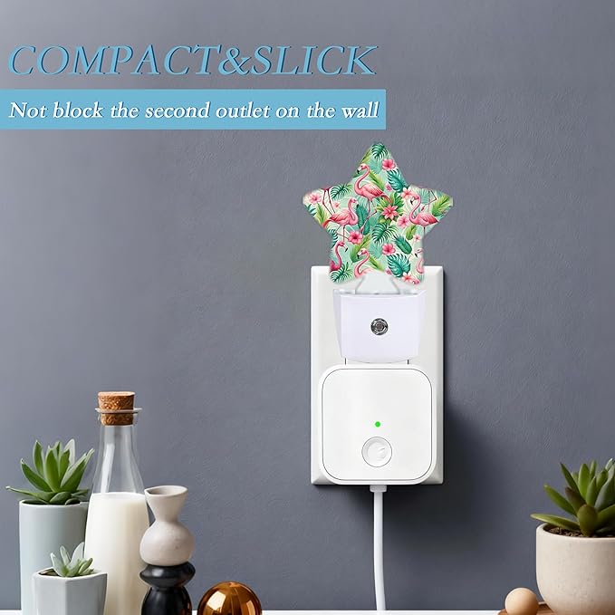 Flamingo Night Light,Palm Leaves Plug-in Dusk to Dawn Smart Sensor Nightlight for Bathroom Bedroom Hallway Kitchen Stairs Energy Efficient Decor Desk Lamp