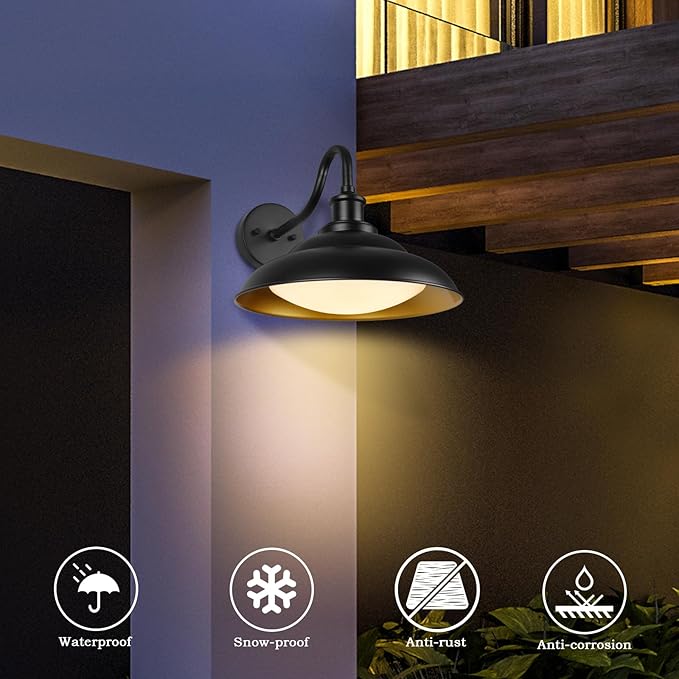 LED Outdoor Barn Lights, 12'' Farmhouse Exterior Wall Light Fixtures Wall Mount, Bronze Porch Lights Outside with Adjustable Color Temperature, Outdoor & Indoor, Oil Rubbed Bronze, 2 Pack