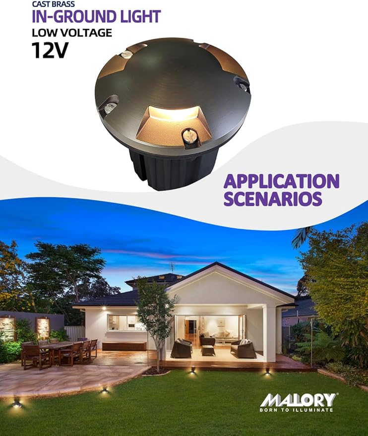 MALORY Brass Top Cover Landscape Well Lights,（5‘’H 12V Low Voltage Outdoor In Ground Lights,Landscape Lighting for Pathway, Driveway and Garden (Three-Direction Turret, 4-Pack with Bulb)