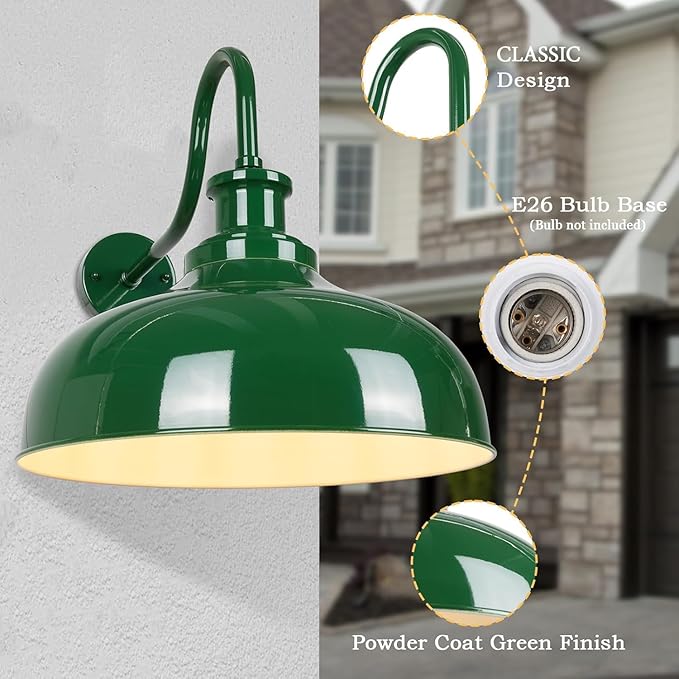 Outdoor Barn Lights, 16 Inch Dome Rustic Outdoor Wall Sconces, Farmhouse Exterior Wall Mount Lighting Fixture, Industrial Green Wall Lantern for Porch, Entryway, Garage, RZ007L-2 GR+WH