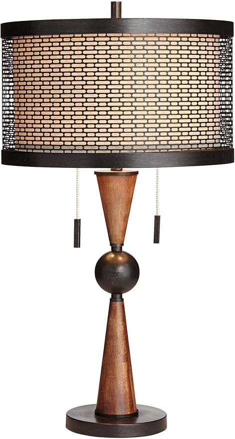 Franklin Iron Works Hunter Rustic Farmhouse 3-Way Table Lamp with Table Top Dimmer 29.75" Tall Bronze Cherry Wood Finish Double Drum Shade Decor for Living Room Bedroom House Bedside Nightstand Home