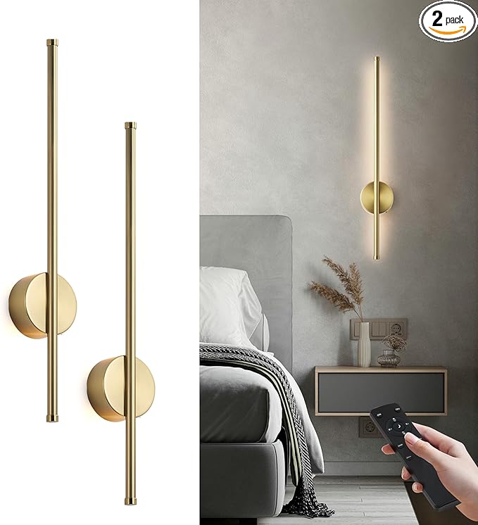 Battery Operated Modern Wall Sconces, Dimmable Wireless Wall Light Set of Two with Remote Control, 3 Color Temperatures, Rechargeable LED Wall Sconce for Bedroom, Living Room, Hallway, 23.6 Inch Brass