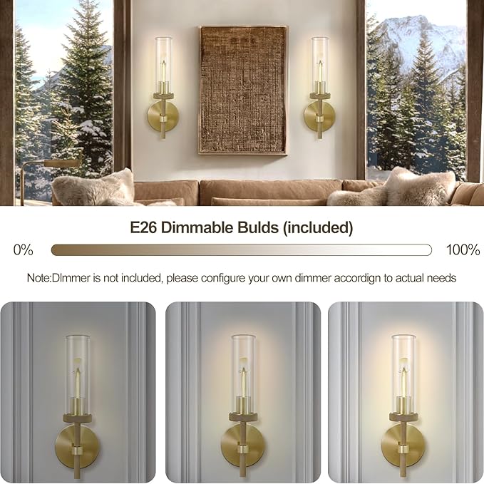 Brass Wall Sconces Lights Indoors, 14" Knurled Linear Sconce, Gold Bathroom Wall Sconces, Glass Tube Vanity Sconces Wall Lighting, Wall Lights for Mirror, Living Room, Bedroom, Hallway