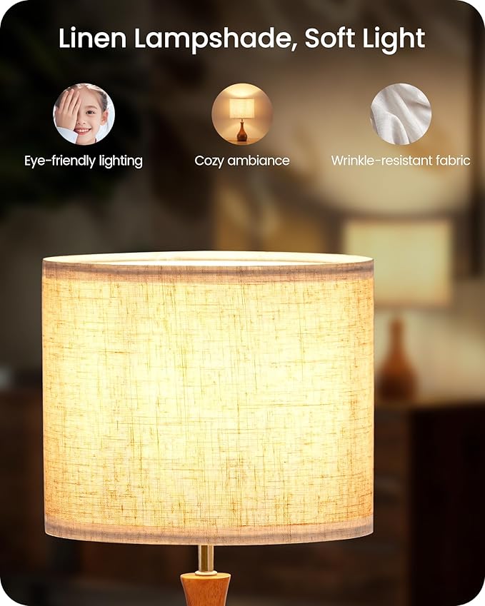 Wood Table Lamps Set of 2, Small Bedside Lamp with Beige Linen Lampshade & Dark Natural Wood Base, 14.2" Modern Cute Desk Lamp for Small Space, E26 Base, Bulb Not Included, LE09TLP205