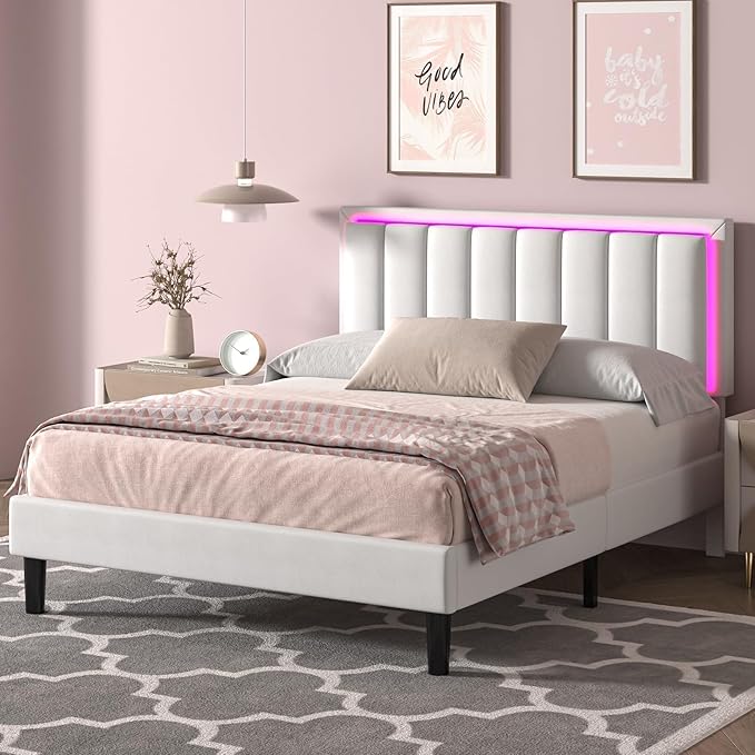 Full Size Bed Frame with Headboard, Upholstered Bed Frame Full with LED Lights, Heavy Duty Wood Slats Support, Noise-Free, No Box Spring Needed, Easy Assembly, White