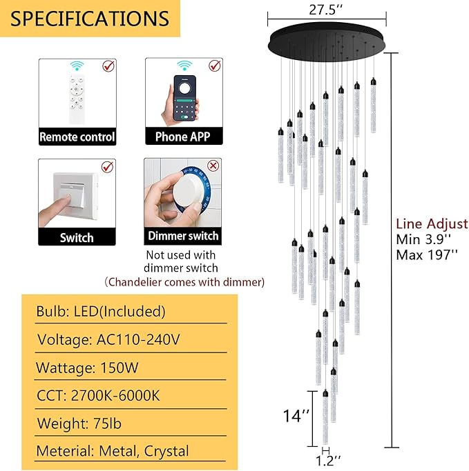 197" Long High Ceiling Chandelier 30-Lights Modern Bubble Crystal LED Light Fixture Dimmable Flush Mount Living Room Ceiling Pendant Light Staircase Foyer Entryway Dining Room Pendant Lighting
