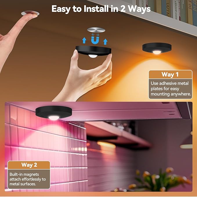 Yiliaw Rechargeable Puck Lights with Remote, Magnetic Under Cabinet Lighting, 1500mAh Battery Operated LED Lights for Kitchen, Closet, Shelf - 3 Color Temps & 12 RGB, Black, 3 Pack