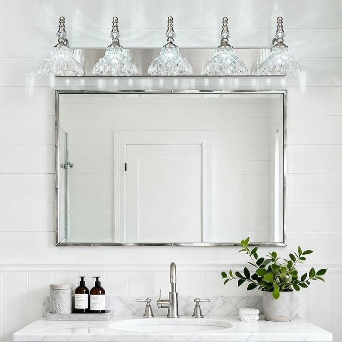 Vintage Bathroom Vanity Light, 5-Light Brushed Nickel Vanity Lighting Fixture with Flower Glass Shade, Bathroom Lighting Fixtures Over Mirror