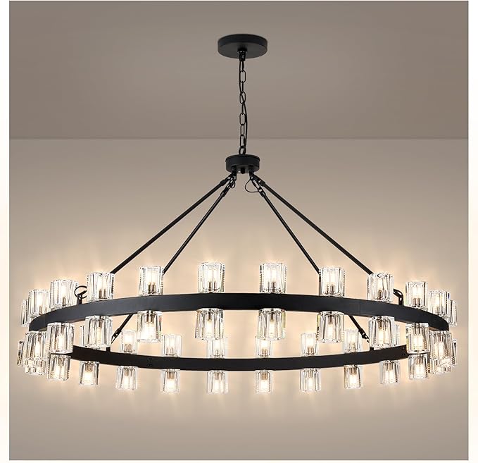 48 Inch Black Wagon Wheel Chandelier with Crystal Shade, 48 Lights, Modern Farmhouse Style, Ideal for Dining Room, Kitchen, Entryways