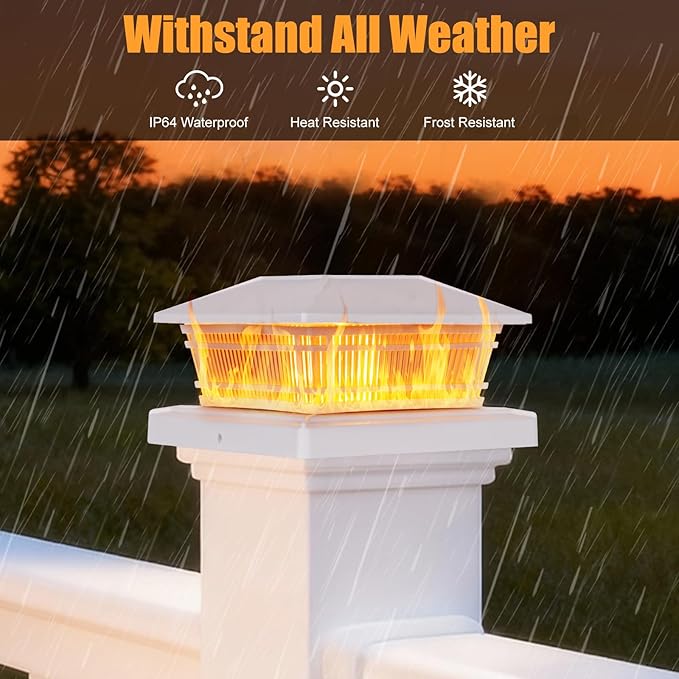 8 Pack Flame Post Solar Lights, Flickering Flame & Warm Light Solar Lights for Fence Posts, Waterproof Deck Post Lights for Porch Garden Yard for 4x4 5x5 6x6 Vinyl/Wooden Posts, White