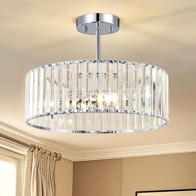 Crystal Chrome Semi Flush Mount Ceiling Light Modern Hallway Light Fixture Metal Close to Lamp for Kitchen Living Room Bathroom Entryway Bedroom(15.75 inch)
