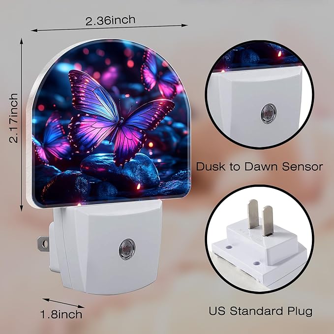 Glowing Purple Butterfly Night Light, Dusk-to-Dawn Auto Sensor Plug in Night Light for Kids, 0.5W Energy Saving LED NightLights for Bedroom/Bathroom, Ideal Gifts for Women Men