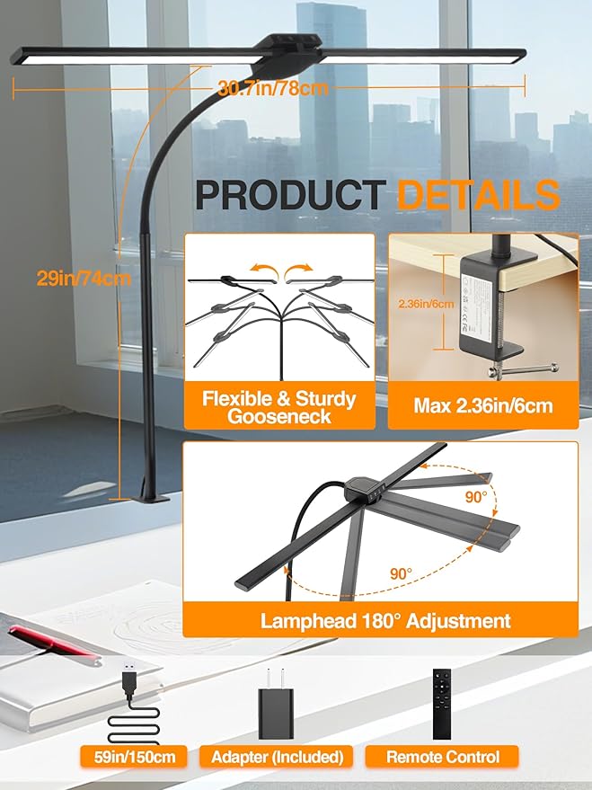 Desk Light with 5 Color+9 Brightness，Desk Lamps for Home Office, 1200 Lumen & 108 LED Desk Lamp, Remote Control+Timer Monitor Light, Clamp Lamp for Desk, Computer, Reading, Study, Workbench
