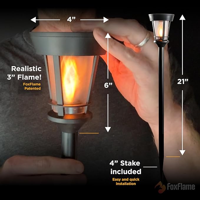 Classic Solar Path Torch - Elegant Flickering Flame Effect with Patented LED, IP65 Waterproof, Solar-Powered Lighting for Garden, Walkway, Yard, and Landscape Ambiance Easy Stake Installation (6 Pack)