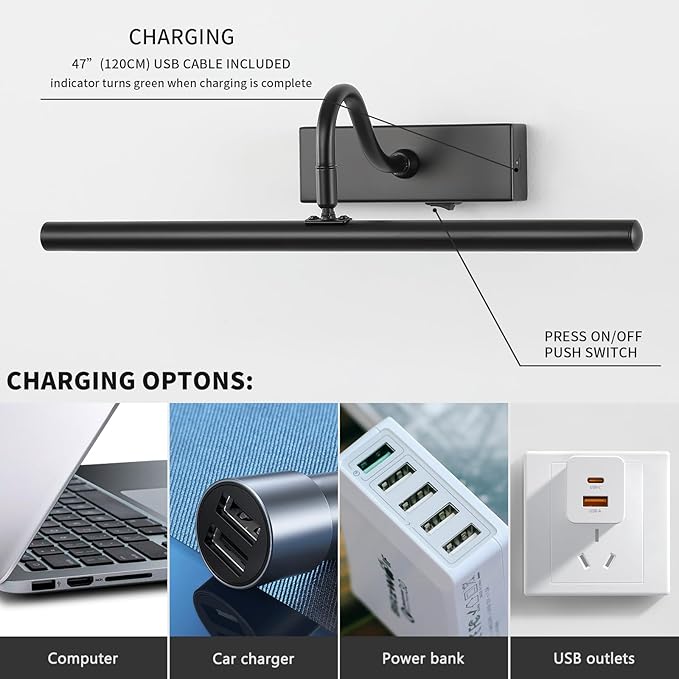 Picture Light,10000mAh Picture Lights for Wall with Remote,15.75 inch Art Light for Paintings, Gallery Lighting for Photo,Mirror,Artwork Frame,Portrait(Black)