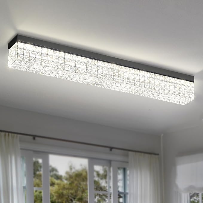 L 40" Modern Rectangle Chandelier Black Rectangular Flush Mount Chandelier Crystal Ceiling Light Fixture for Dining Living Room Kitchen Island