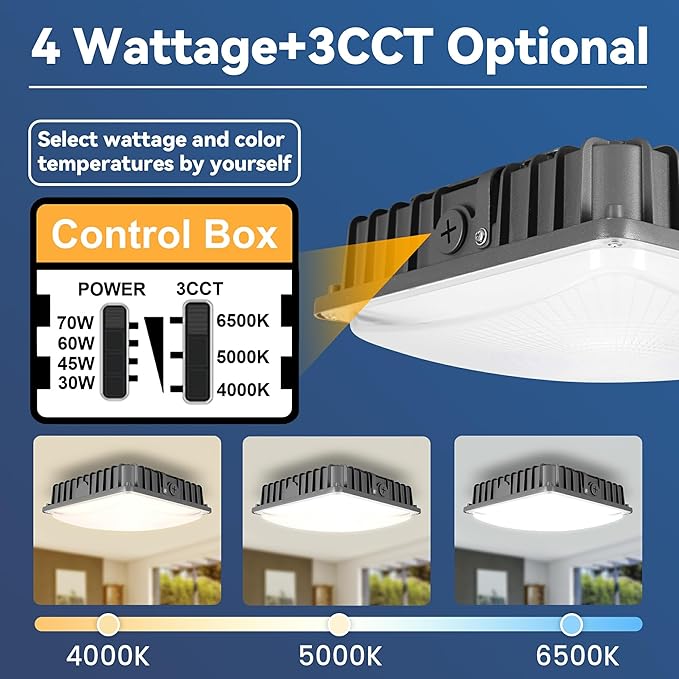 LED Canopy Light 70W 10500LM, Selectable Wattage 30/45/60/70W, 3CCT 4000/5000/6500K, LED Canopy Lights Outdoor for Gas Station, Carport, Garage, Shop, IP65 Waterproof, 0-10V Dim, 100-277V, ETL Listed