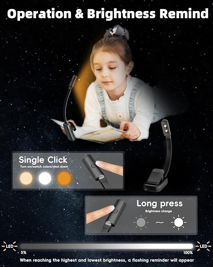 Book Light,Reading Lights for Books in Bed,AAA Battery Clip-On Led Reading Light with 3 Colors & Stepless Dimming,Portable and Ultra-Lightweight with Long Runtime(2P BK)