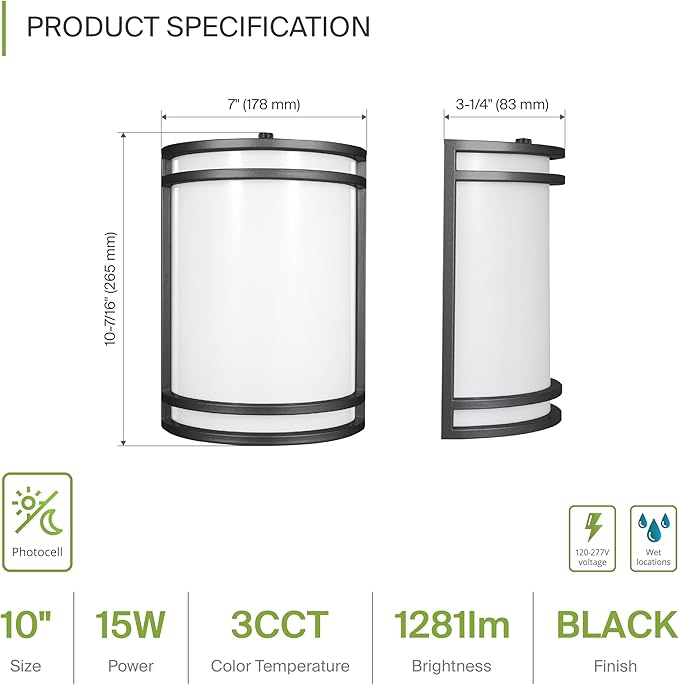 ASD 10 Inch LED Dusk to Dawn Outdoor Wall Mount Light Fixture - Matte Black Modern Wall Sconce Lighting with Photocell - 120-277V 15W 3000/4000/5000K Adjustable - Front Door & Patio, ETL 2 Pack