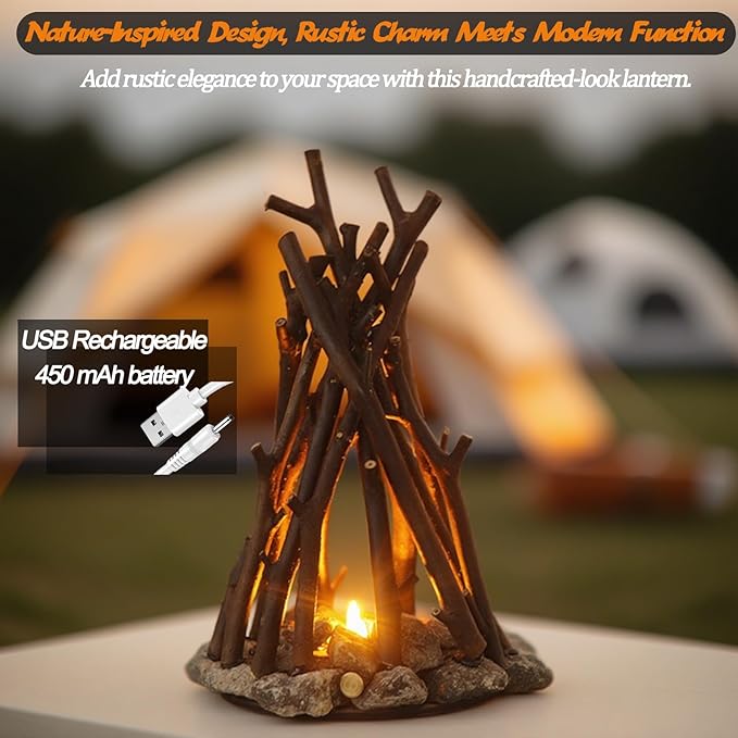 LED Night Light Wooden Campfire LED Dimmable Lamp with 3 Lighting Modes & Flame Sound, USB Powered Kids Nightlight & Desk Lamp for Bedroom, Office, and Relaxation, L