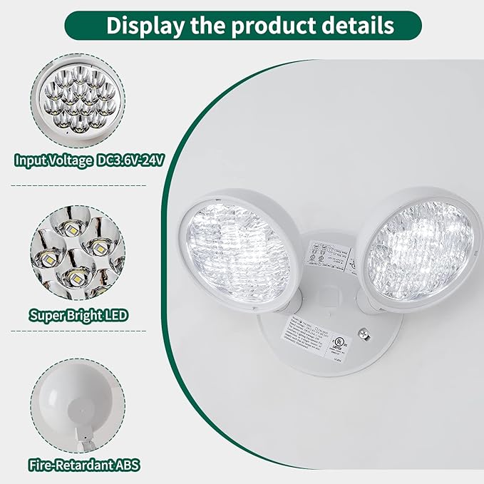 CM MZY Emergency Remote Head Lighting, Double Head Emergency Light, UL Listed, Multi Voltage 3.6 to 24 Volt Input, 2 by 3 Watts, 2 by 180 Lumen, Round，1 Pack