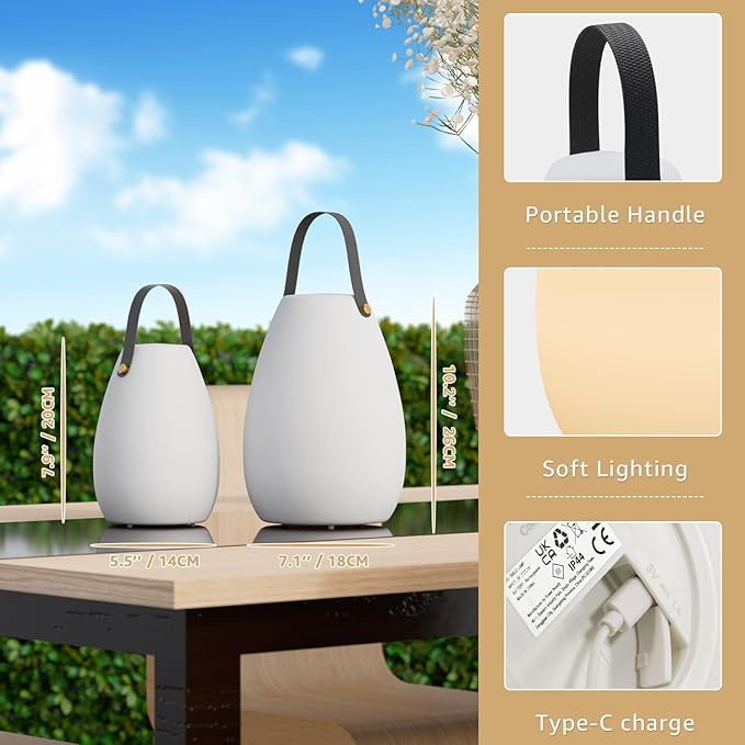 uuffoo 2 Pack Portable Outdoor Table Lamp - Dimmable Rechargeable Night Lights w/ Remote and 7 RGB Colors, IP44 Water-Resistant Hanging Lantern for Patio, Tent, Bedroom, Garden, Emergency