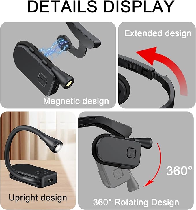 Neck Reading Light, 3 Color Modes & Stepless Dimming Lightweight Hands-Free Rechargeable LED Book Light with USB-C Charging for Reading, Knitting, Camping
