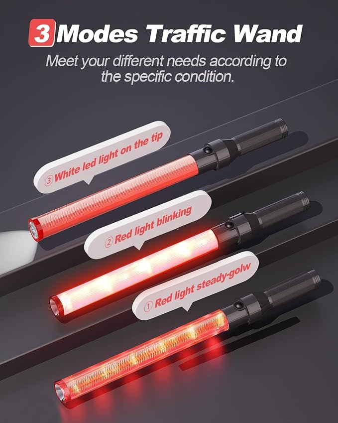 RoadHero 4 Pack Traffic Baton, 21 Inch LED Traffic Control Wand, Night Safety Light Wands with 3 Flashing Modes, Airport, Parking, Car Directing