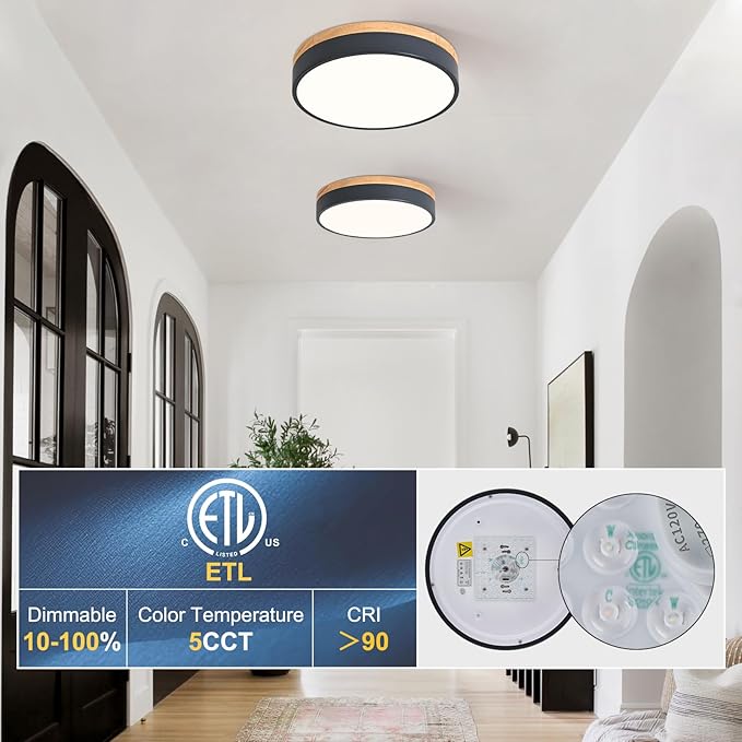 Dimmable Wood LED Flush Mount Ceiling Light, 5CCT 2700K-6000K Modern Round Close to Ceiling Lighting Fixtures, Minimalist Grey Ceiling Lamp for Bedroom, Kitchen, Laundry Room, Hallway