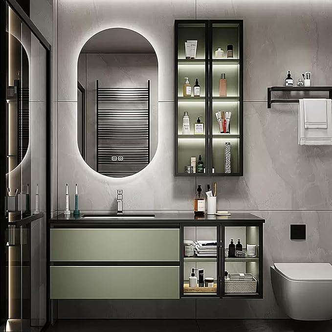 Bathroom Vanity with Sink - Bathroom Vanity Cabinet and Sink and Slab Top | Side Shelf and Ambient Lighting, LED Smart Mirror Cabinet (48'')