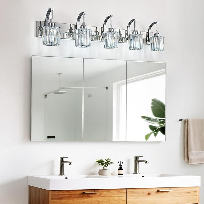 Modern Bathroom Vanity Light, 5-Light Chrome Wall Sconce with Crystal Accents, Over Mirror Bathroom Lighting Fixture, 42.52" Long Dimmable Vanity Lamp for Makeup, Easy Installation