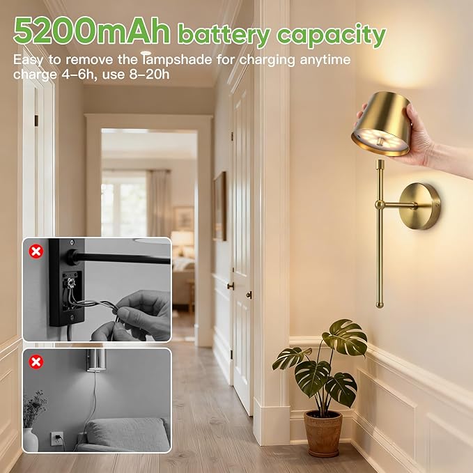 Kimjo Battery Operated Wall Sconce Set of 2, Dimmable Rechargeable Wireless Wall Sconces Light with Dimmable Timer Remote, 5200mAh Gold Wall Lamp for Bedroom Living Room Hallway Decor