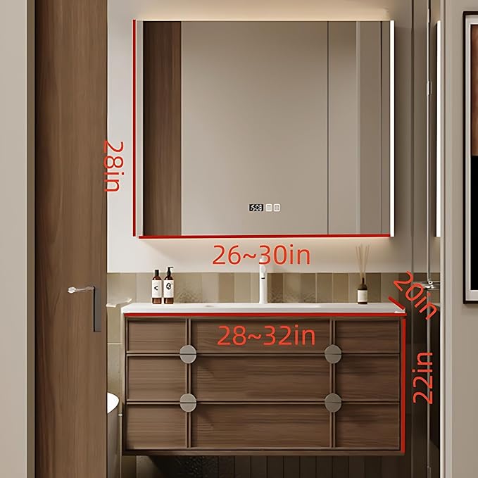 Bathroom Vanity - Wall Mounted Cabinet with 4 Drawers & Integral Ceramic Wash Basin | Smart Mirror Including LED Light Defogging (Style A, 32in)