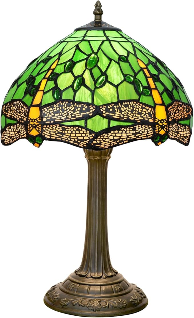Tiffany Lamp - Green Dragonfly Stained Glass Table Lamp 12x12x18 Inches - Green Dragonfly Style Desk Reading Light - Bedroom & Living Room Decor