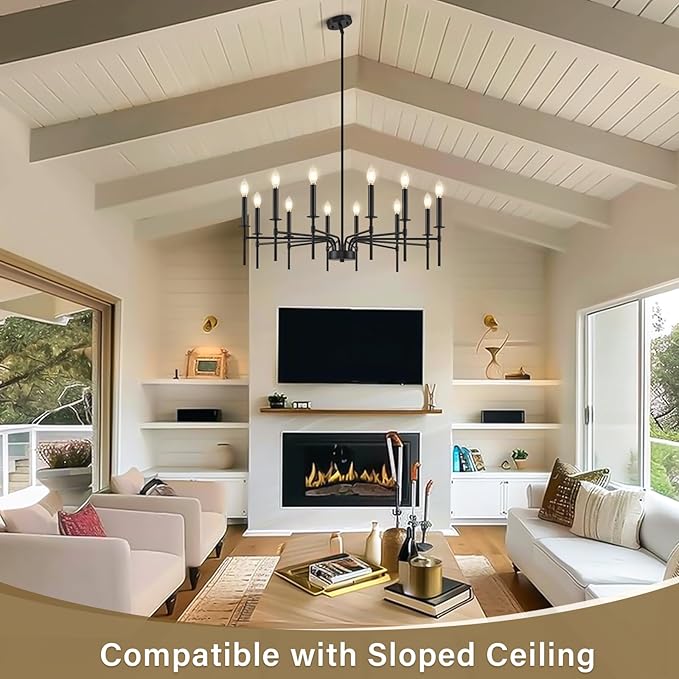 Modern Farmhouse Black Chandeliers for Dining Room Light Fixture, 12-Light Metal Candle Chandelier Lighting for Living Room Foyer Entryway Staircase Bedroom