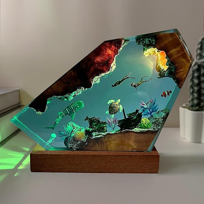 Whale Shark Ocean Resin Lamp - Handmade Resin Night Light with USB Port, Variable Lights, Scuba Diver Gifts, Ocean and Diving Enthusiast Collectibles, Unique Birthday Gifts for Him & Her (10"x6")