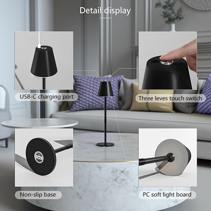 2 Pack LED CordlessTable Lamp,4000mAh Rechargeable Battery Desk lamp,3 Level Brightness Night Light,Minimalist Design, for Couple Dinner/Coffee Table/Restaurant/Bedroom(Black 2pack)