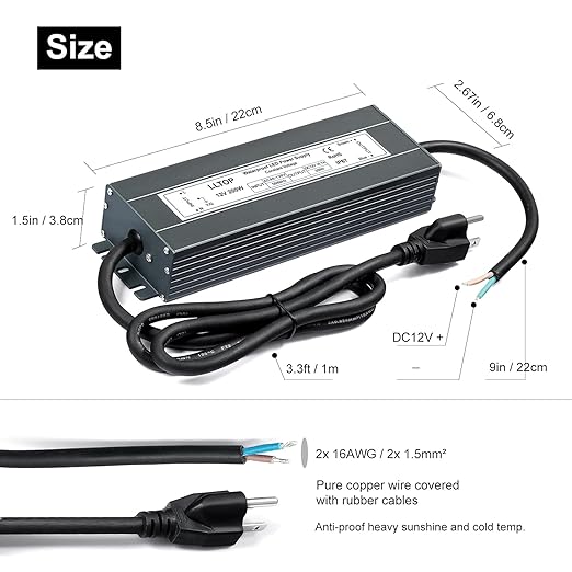 Low Voltage Transformer 200 Watts Waterproof IP67 Power Supply 90-130V AC to 12V DC 16.7A LED Driver Converter Power Adapter for Indoor Outdoor LED Lights