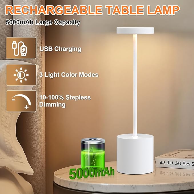 Cordless Table Lamp – 2 Pack Rechargeable Table Lamps, 5000mAh Battery Operated Lamp with 3-Color Dimmable Light, Outdoor Table Lamp for Bedroom, Restaurant, Patio, Home Décor (White)