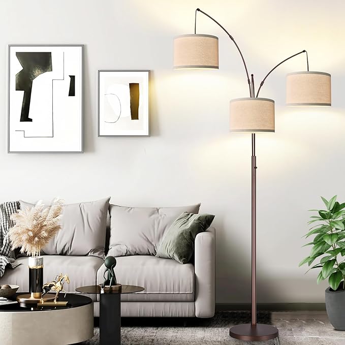 Dimmable Floor Lamp - 3 Lights Arc Floor Lamps for Living Room, 1000LM Modern Tall Standing Lamp With Beige Shades, Mid Century Tree Floor Lamp for Bedroom Office, 3 LED Bulbs Included - Brown