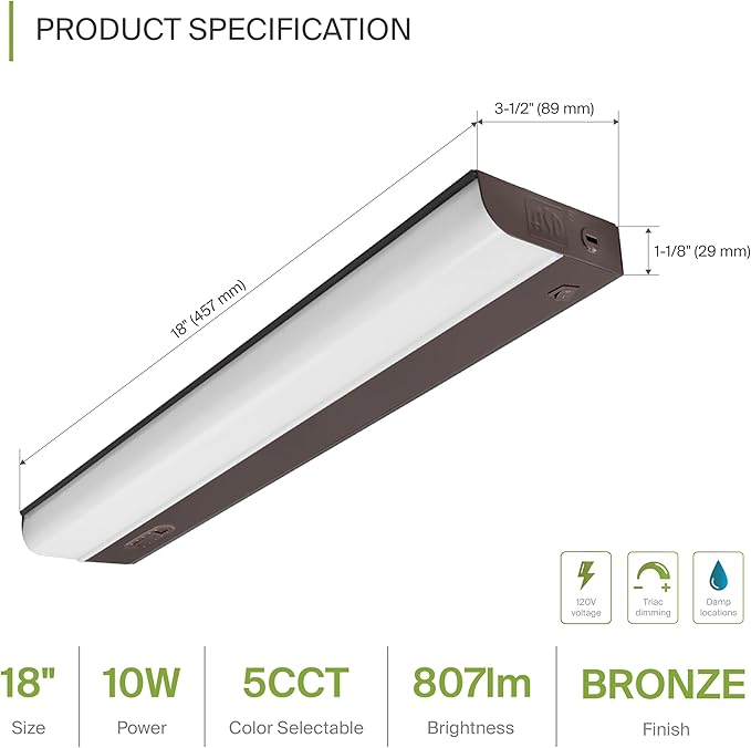 ASD 18 Inch Hardwired LED Under Cabinet Light, On/Off & 5CCT Switch 2700K-5000K, 10W 807LM CRI90+, Direct Wire Low Profile Linkable Fixture, Dimmable Under Counter Kitchen Lighting, Bronze, UL
