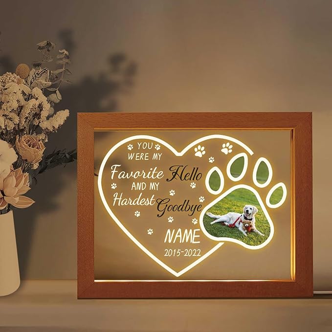 Custom Pet Memorial Night Light with Picture Frames Personalized Acrylic Plaque Sympathy Gift with Photo Name Date for Loss of Dog Cat Pet(H-Dog Paw Heart)