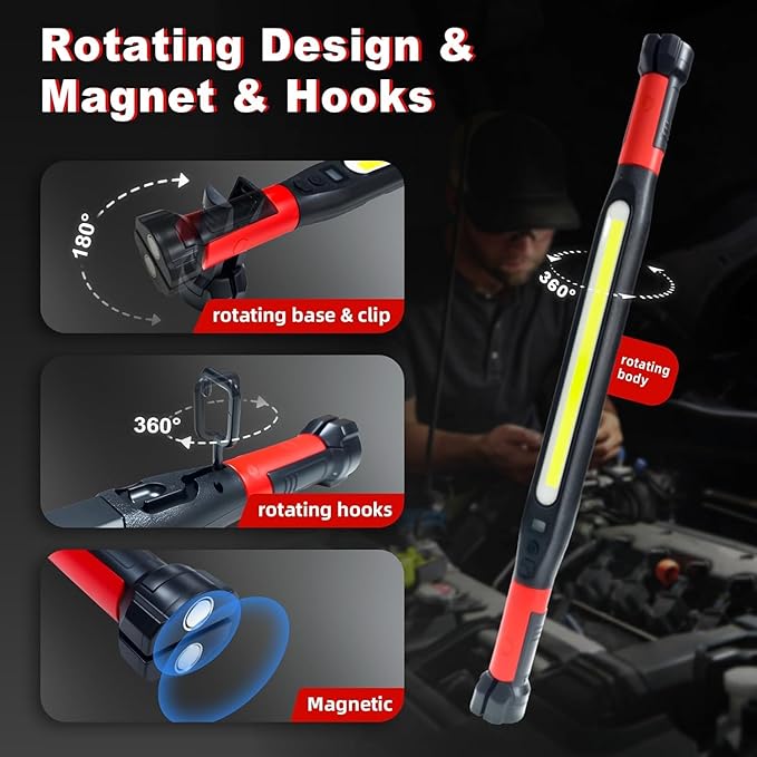 Magnetic Work Light 3000 Lumens, Rechargeable LED Flood Light with 180° Rotating Head & 360° Hooks, IP65 Waterproof Shatterproof Portable Spotlight for Camping, Emergency, Car Repair, Jobsite (2)