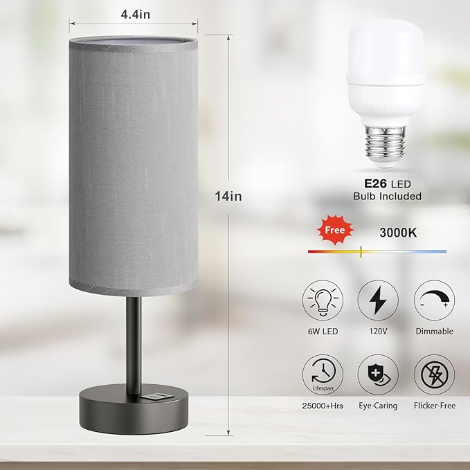 Small Touch Bedside Lamp with USB - 3 Way Dimmable Grey Table Lamp for Bedroom, Nightstand Lamp with Charging Station for Desk Dorm, Office