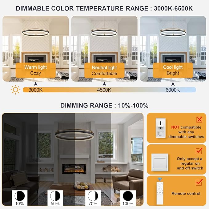 Modern LED Pendant Light 23.6" Black Gold Dimmable Circular LED Chandelier 1 Ring with Remote, Round Hanging Light for Kitchen Island Dining Room Living Room Foyer Entryway, 2-Ring Lighting