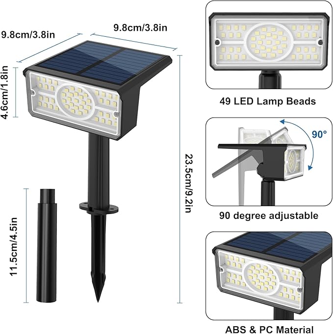 T-SUN Solar Spot Lights Outdoor 8 Pack, 49 LED 2 Lighting Modes, IP65 Waterproof Landscape Spotlights, 2 in 1 Auto On/Off Solar Lights for Yard, Garden, Driveway, Pathway (White)