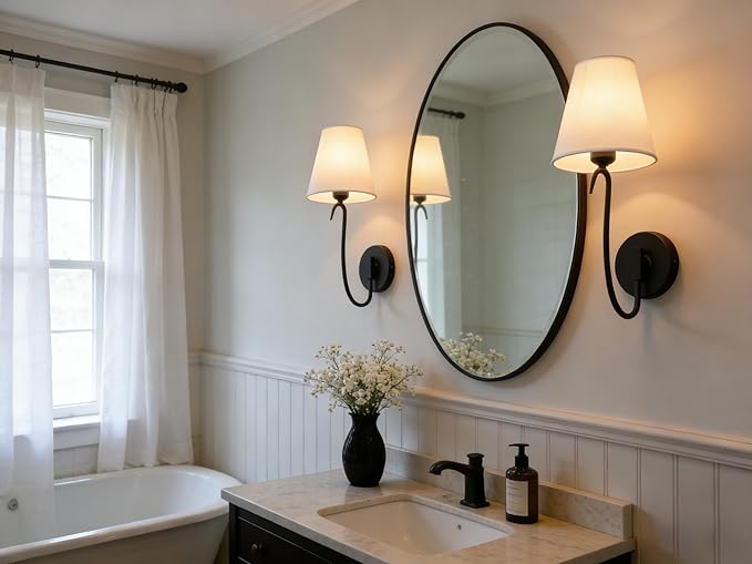 PERMO Vintage Wall Sconce with Goose-Neck Arm and White Fabric Shade – Hardwired Black Sconce E26 Wall Light for Bedroom, Hallway, Living Room & Bathroom
